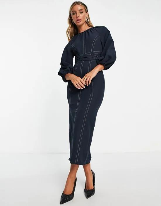 belted contrast stitch puff sleeve midi dress in navy