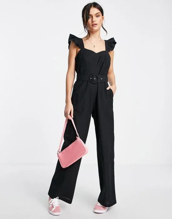 belted cotton flax jumpsuit in black