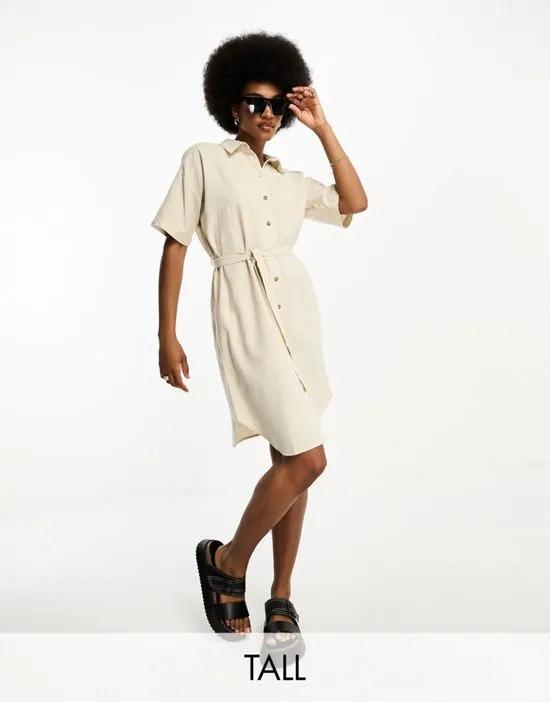 belted linen T-shirt mini dress in stone