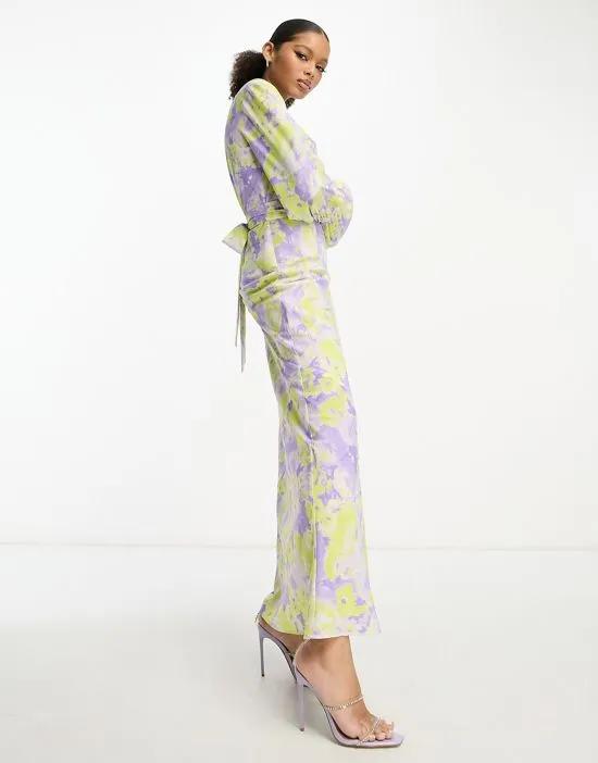 belted maxi dress in lilac and yellow floral print
