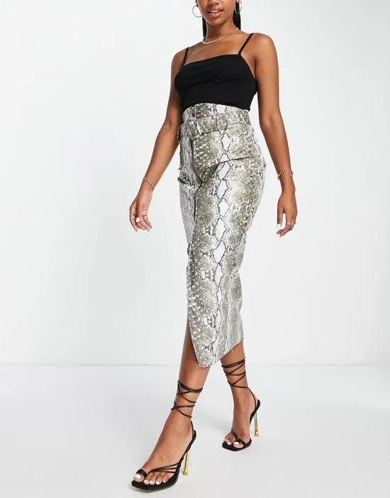 belted midi skirt with zip detail in snake print