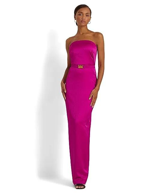 Belted Satin Strapless Gown