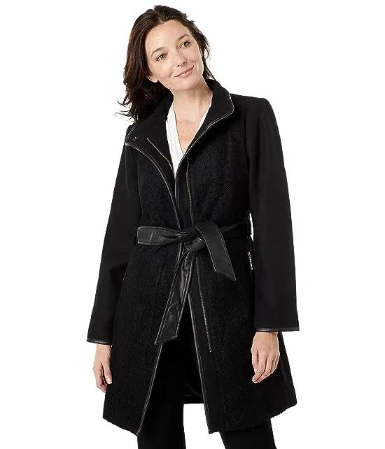 Belted Wool Coat with High Neck and PU Trim V29777A-ME