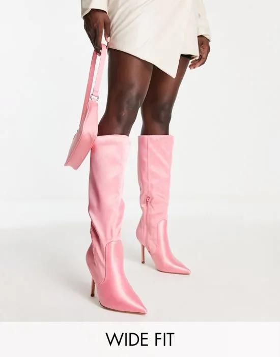 Best Believe knee high heel boots in pink satin