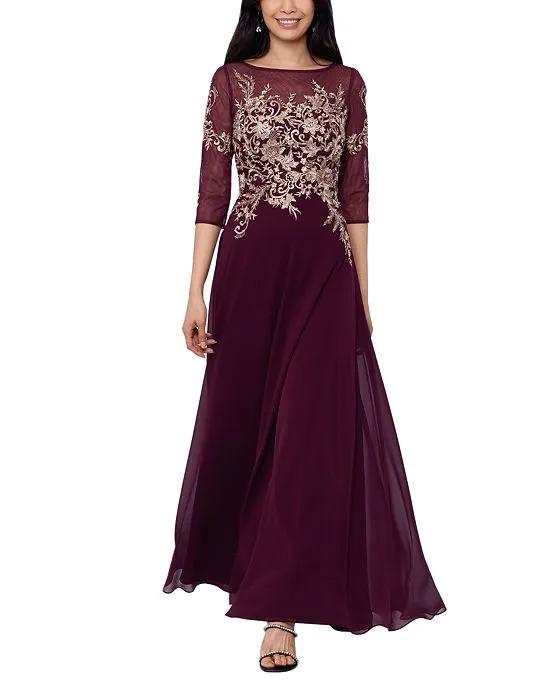 Betsy & Adam Embroidered 3/4-Sleeve Gown