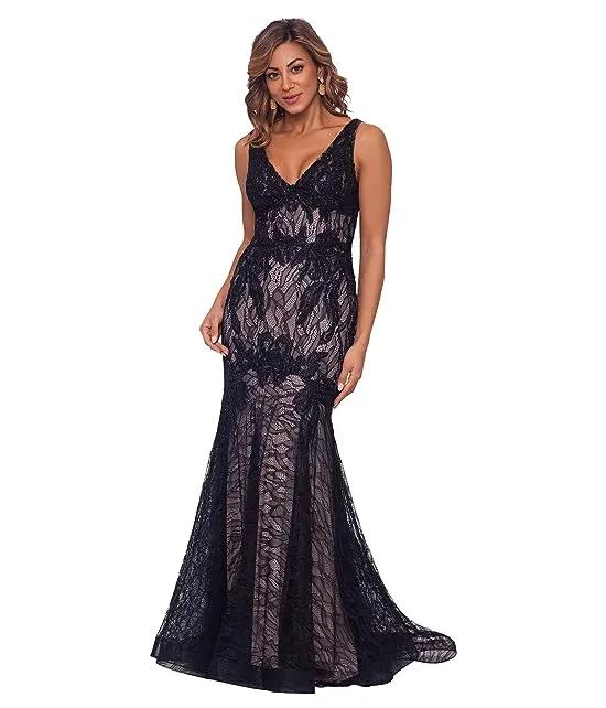 Betsy & Adam V-Neck Lace Gown w/ Bead Applique