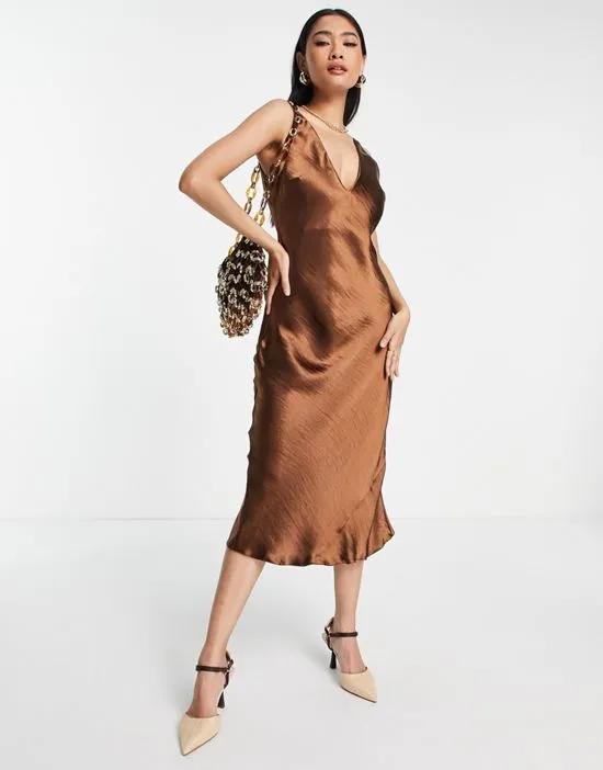 bias cut satin midi slip dress with soft v neckline detail in brown