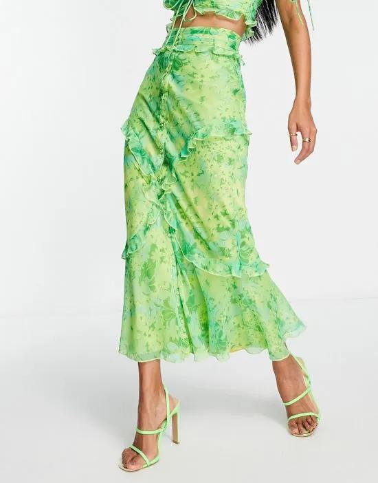 bias midi skirt with ruffle and button detail in green floral print - part of a set
