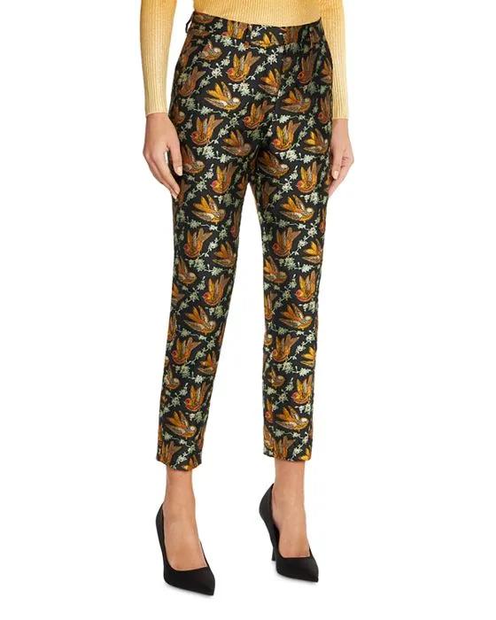 Bird Print Jacquard Slim Ankle Pants