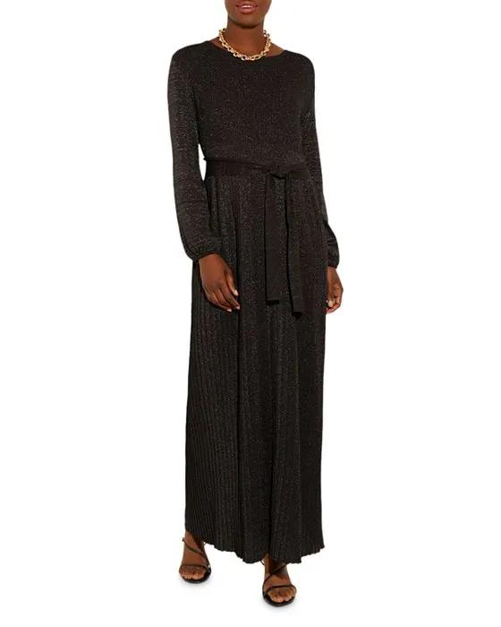 Bishop Sleeve Belted Shimmer Knit Maxi Dress
