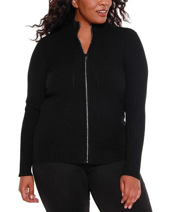 Black Label Plus Size Mock Neck Ribbed Sweater Zip Up