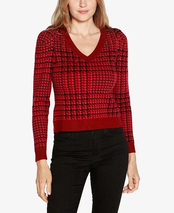 Black Label Women's Houndstooth Puff Sleeve Sweater