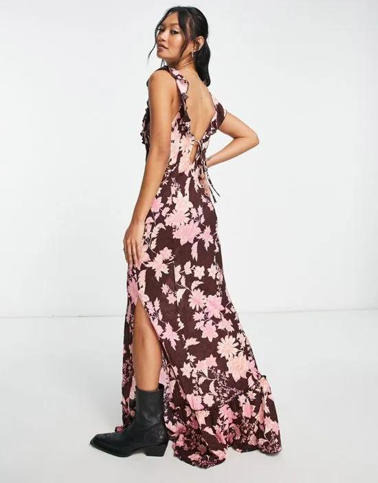 bloom floral print floaty maxi slip dress in chocolate and pink