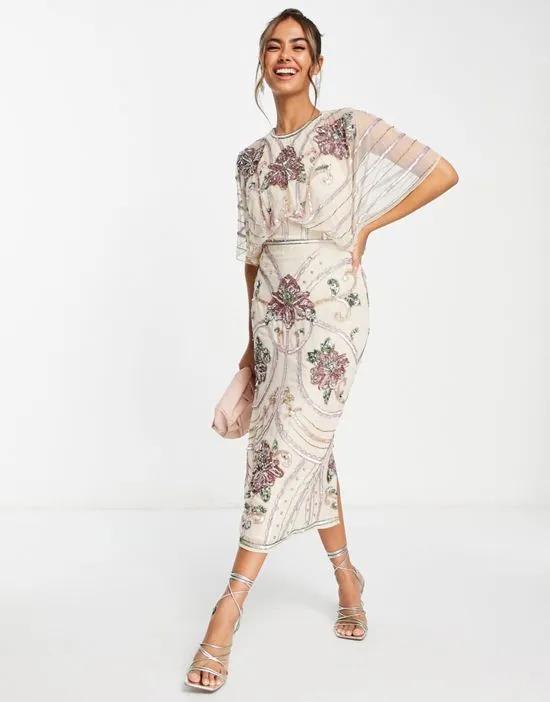 blouson midi dress with Art Nouveau embellishment