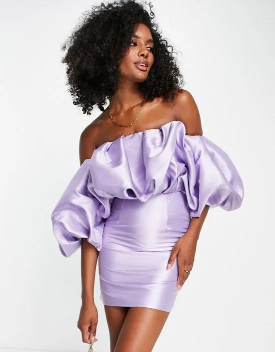 blouson off shoulder mini dress in satin twill in lilac