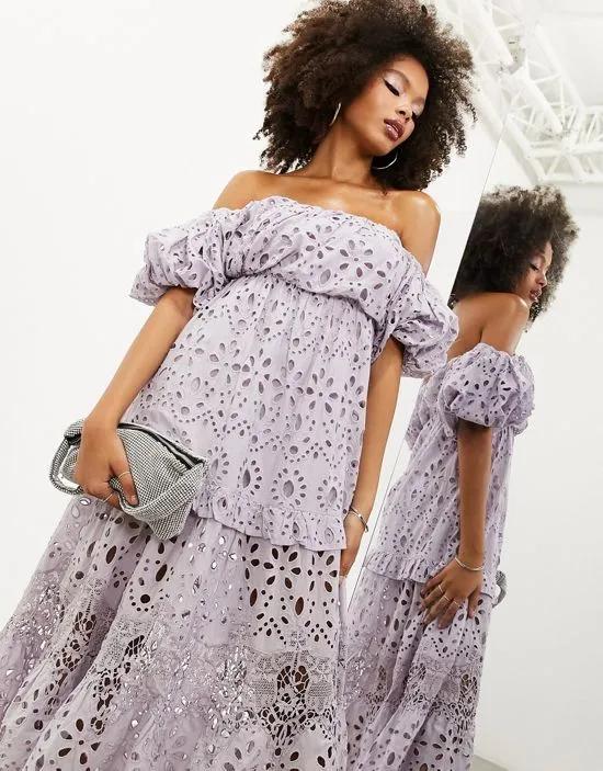 blouson off shoulder tiered eyelet midi dress in lilac