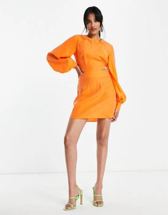 blouson sleeve mini dress with open back in washed textured fabric