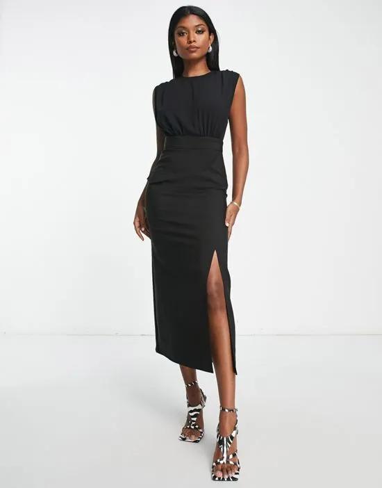 blouson sleeveless midi dress with pocket and slit detail in black