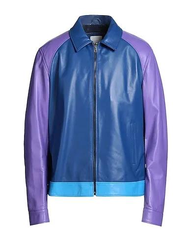 Blue Leather Biker jacket COLOR BLOCK LEATHER RACING JACKET
