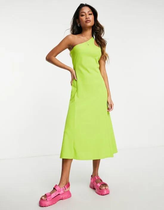 bold asymmetric midi dress in lime