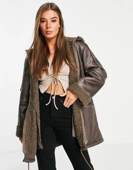 bonded shearling parka coat in brown