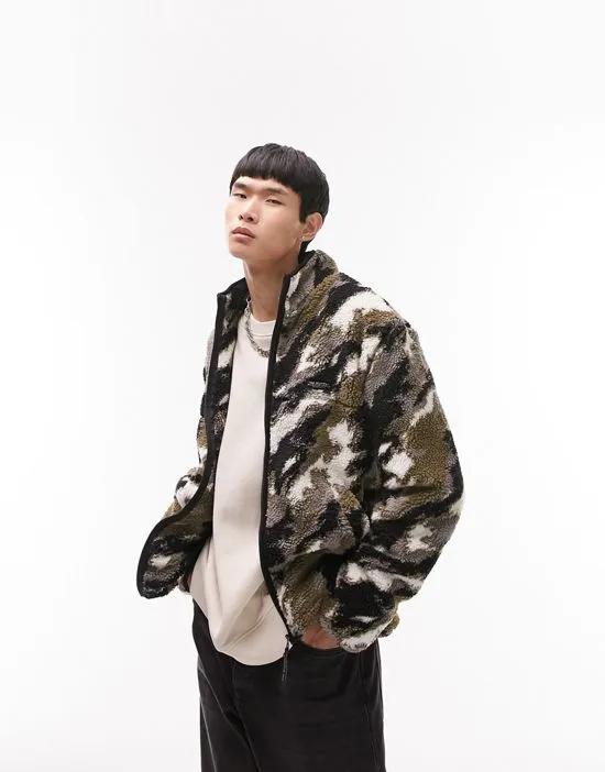 borg jacket in blurred camo print