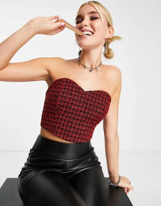 boucle corset crop top in red check