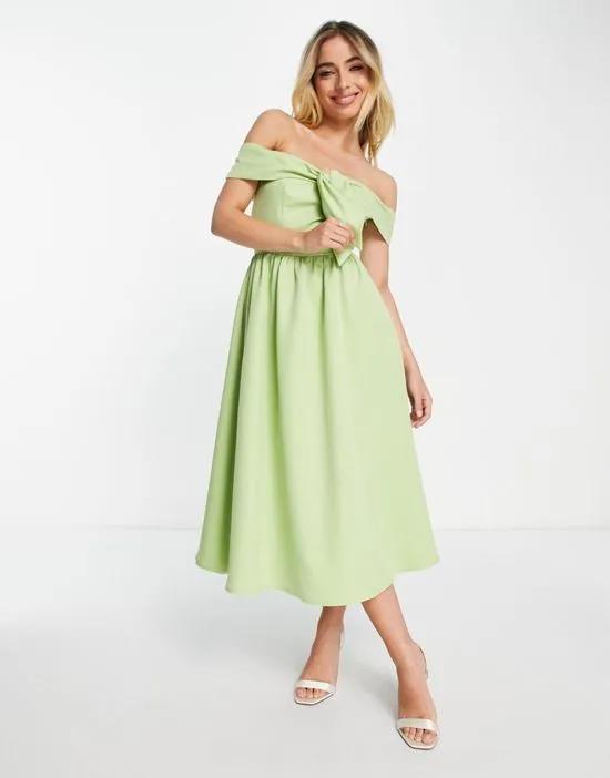 bow front off shoulder dress in pale green