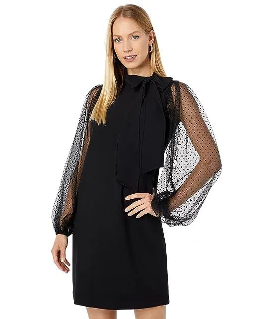 Bow Neck Shift Dress with Flock Mesh Dot Sleeves