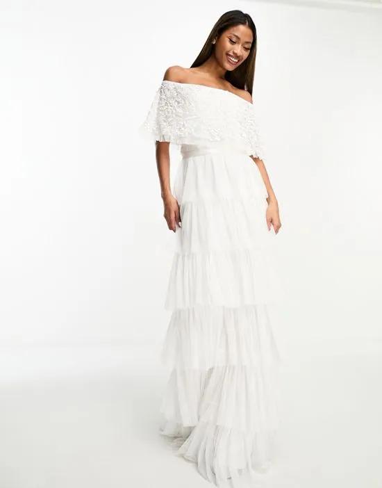 Bridal bardot tiered tulle maxi dress with embellished top in white