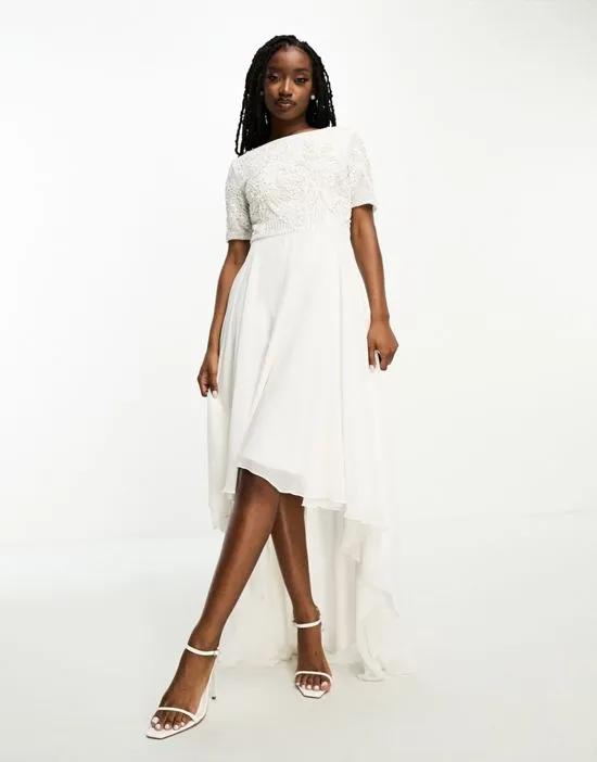 Bridal embellished 2 in 1 dress with high low hem in ivory