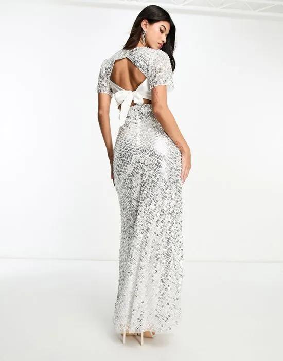 Bridal embellished maxi dress with bow back in cream and silver
