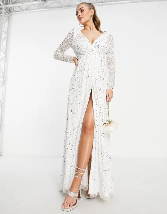 Bridal embellished maxi dress with train in ivory