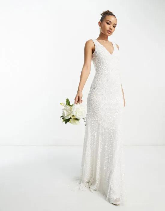 Bridal embellished maxi dress with train in white
