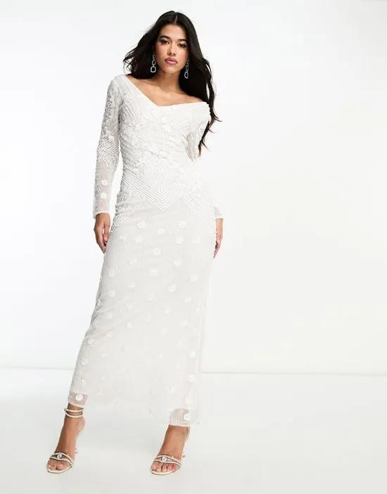 Bridal embellished maxi gown with low back in white
