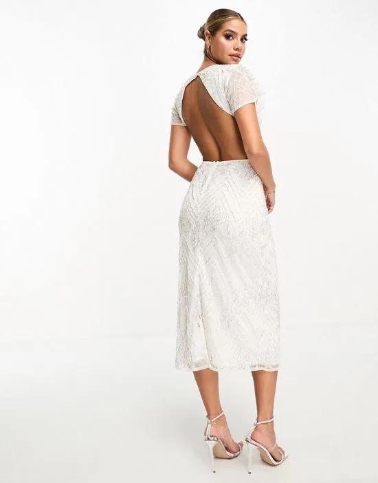 Bridal embellished midi dress with open back in ivory