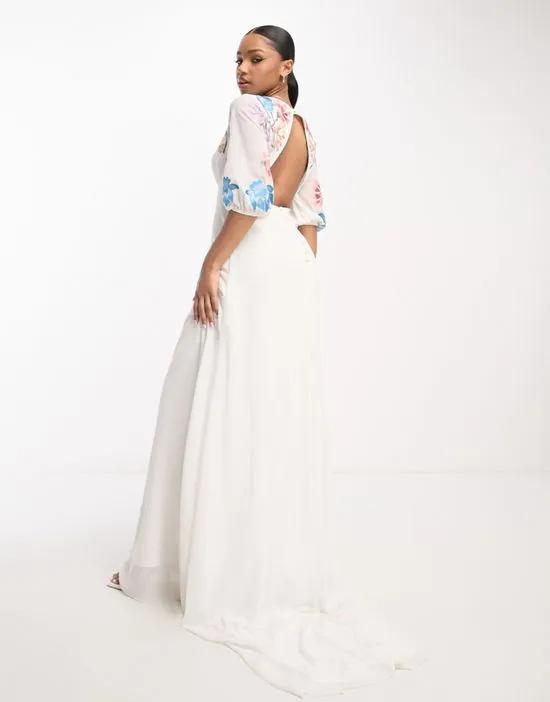 Bridal embroidered puff sleeve maxi dress in ivory
