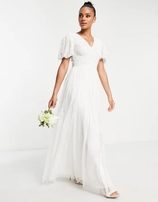 Bridal emellished bodice maxi dress with flutter sleeve and tulle skirt in white