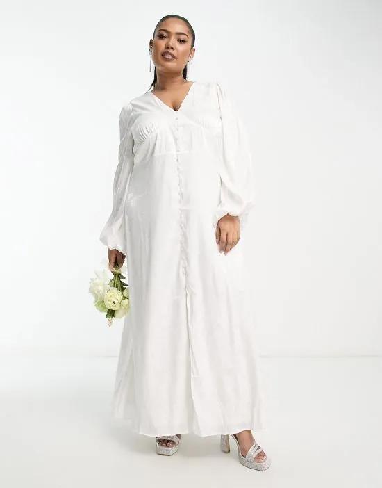 Bridal jacquard button through maxi dress with balloon sleeves in white