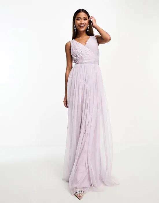 Bridal maxi dress in tulle with bow back in lilac