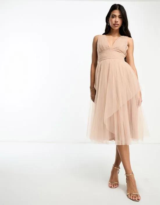 Bridal midi tulle dress in taupe brown
