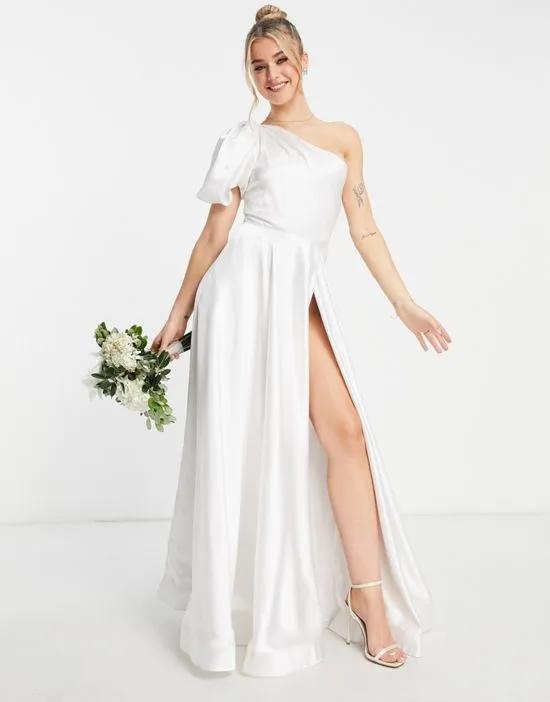 Bridal one shoulder balloon sleeve full gown in ivory