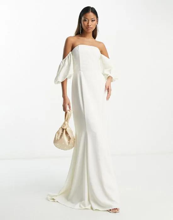 Bridal puff sleeve fishtail maxi dress in ivory