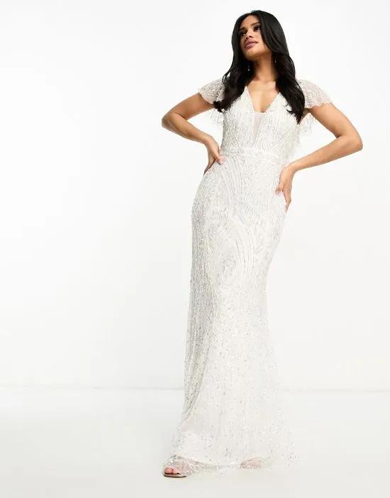 Bridal statement embellished maxi dress in cream and gold