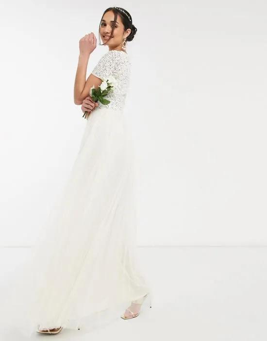 Bridal v neck maxi tulle dress with tonal delicate sequin in ecru