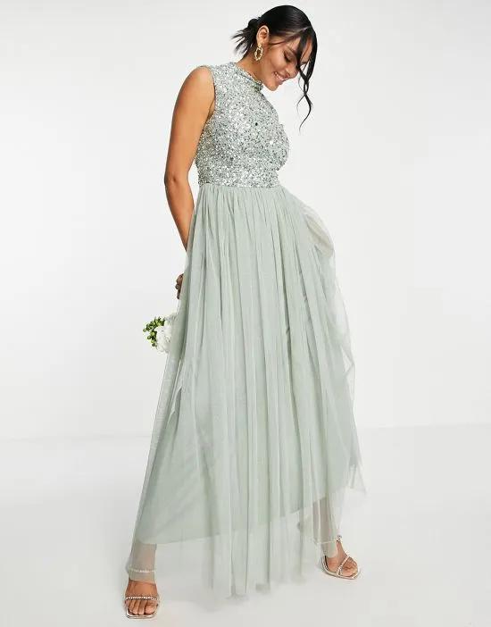 Bridesmaid 2 in 1 embellished midi dress with full tulle skirt in sage
