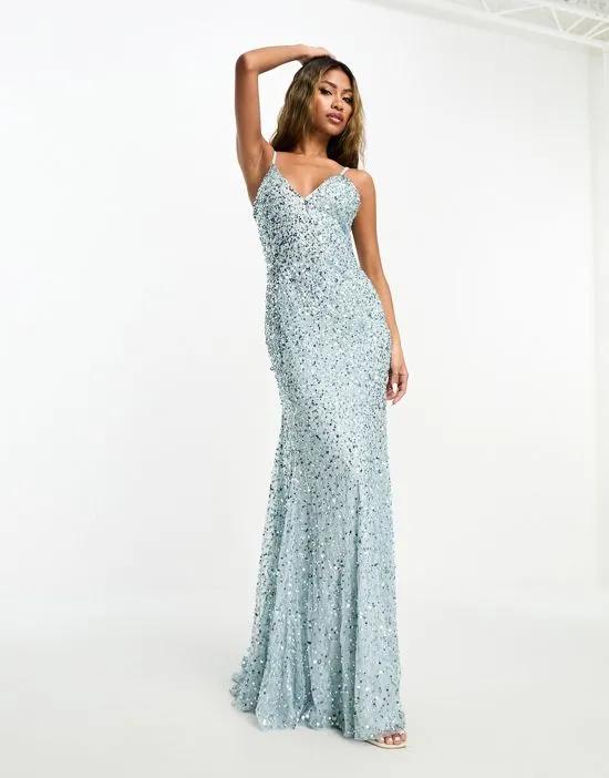 Bridesmaid allover embellished cami slip maxi dress with train in ice blue