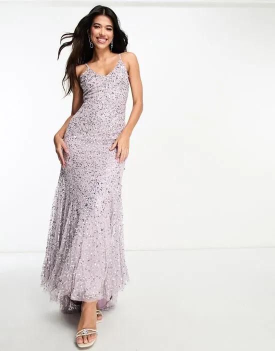 Bridesmaid allover embellished cami slip maxi dress with train in muted lavender