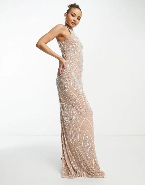 Bridesmaid allover embellished maxi dress in taupe