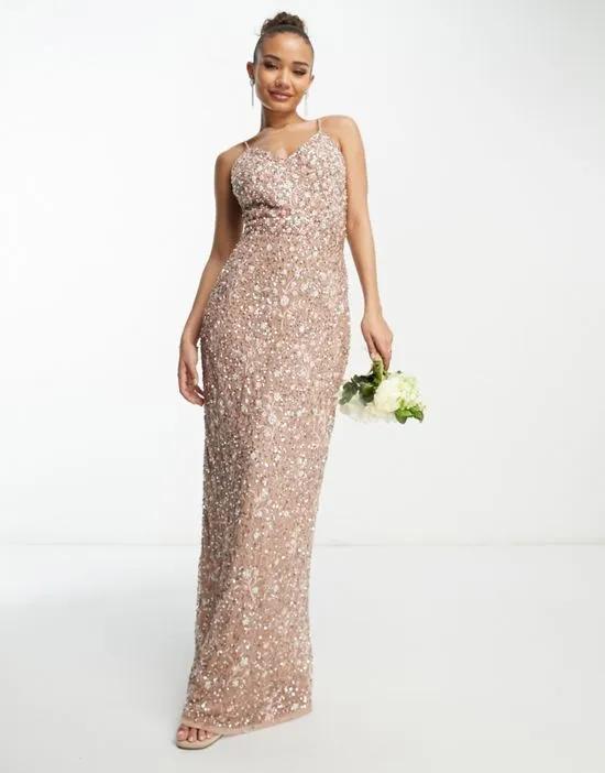 Bridesmaid allover embellished maxi dress with floral embroidery in taupe
